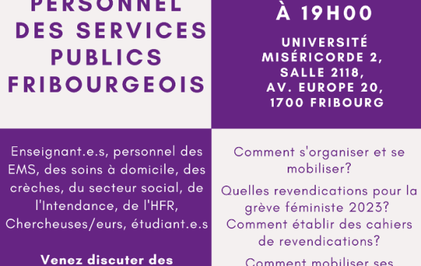 Image du symbole: 16 février 2023 Assemblée du personnel de la fonction publique fribourgeoise sur l'organisation de la Grève féministe